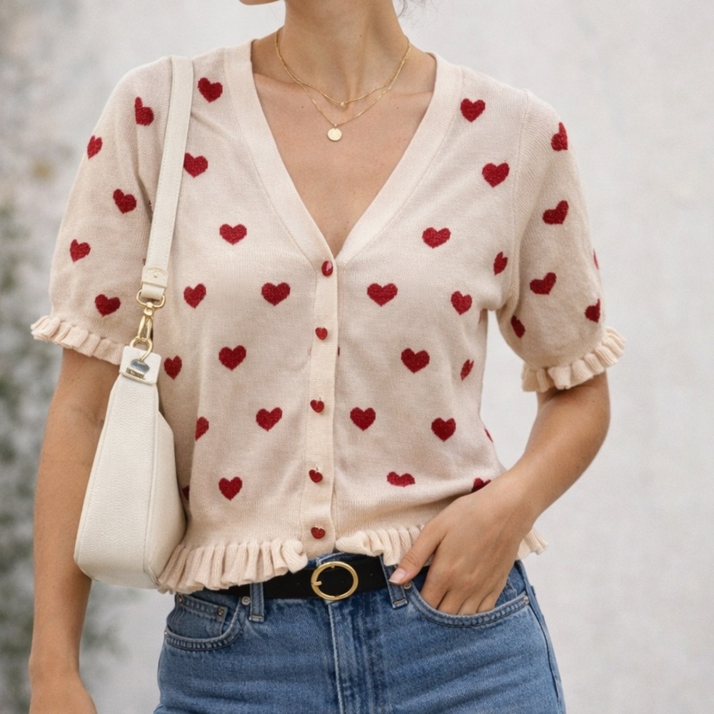 Cider heart print shirt sleeve cardigan size medium